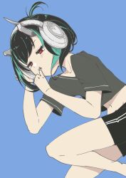 Rule 34 | 1girl, absurdres, alternate costume, black hair, black shirt, black shorts, blue background, blue hair, commentary, crop top, demon girl, demon horns, fang, flat chest, foot out of frame, headphones, highres, horns, medium bangs, multicolored hair, nanashi inc., navel, one side up, open mouth, panyatteria, red eyes, shirt, shishio chris, short hair, shorts, simple background, solo, thumb to mouth, two-tone hair, virtual youtuber