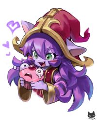 Rule 34 | 1girl, :d, artist name, cropped torso, fang, food, green eyes, hair between eyes, hat, highres, league of legends, long hair, lulu (league of legends), muffin, open mouth, pointy ears, purple hair, red hat, smile, solo, tears, tuxedo de cat, yordle