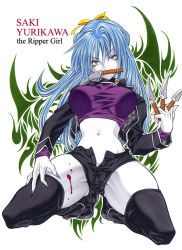 Rule 34 | 1girl, bibyo, blood, blue hair, boots, breasts, choker, crop top, fingernails, flower, hair ribbon, kneeling, knife, large breasts, midriff, mouth hold, navel, open fly, pale skin, purple eyes, ribbon, shirt, short shorts, shorts, narrow waist, solo, spread legs, taut clothes, taut shirt, thick thighs, thigh boots, thighhighs, thighs, unbuttoned, unzipped, yurikawa saki, zombie, zombie-ya reiko