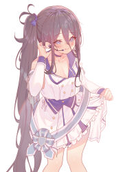 Rule 34 | 1girl, absurdly long hair, absurdres, aris (blue archive), bare shoulders, black hair, blue archive, blue eyes, blush, breasts, cleavage, closed mouth, collarbone, detached sleeves, dress, earpiece, feet out of frame, frilled dress, frills, highres, long hair, looking at viewer, mischievous straight uniform (blue archive), ponytail, simple background, small breasts, smile, solo, torano, very long hair, white background, white dress