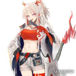 Rule 34 | 1girl, :p, arknights, bandeau, belt, black belt, braid, breasts, cleavage, coat, commentary request, copyright name, cowboy shot, female focus, half updo, hand on own hip, highres, holding, horns, long hair, long sleeves, looking at viewer, medium breasts, muang (muang vrc), multicolored hair, nian (arknights), open clothes, open coat, pointy ears, purple eyes, red hair, silver hair, simple background, smile, solo, standing, strapless, streaked hair, tail, tongue, tongue out, tube top, white background, white coat