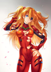 Rule 34 | 1girl, arm up, artist name, blue eyes, bodysuit, breasts, commentary, commission, contrapposto, covered navel, cowboy shot, curvy, english commentary, evangelion: 3.0+1.0 thrice upon a time, gloves, gradient background, grey background, groin, hair between eyes, hair down, hand on own hip, head tilt, highres, interface headset, lenadai, long hair, looking at viewer, medium breasts, neon genesis evangelion, orange hair, parted lips, petals, plugsuit, rebuild of evangelion, red bodysuit, red gloves, shiny clothes, shiny skin, signature, solo, souryuu asuka langley, standing, torn bodysuit, torn clothes, two side up, white background, wide hips