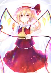 Rule 34 | 1girl, ascot, backlighting, blonde hair, closed mouth, collared shirt, commentary request, cowboy shot, crystal, flandre scarlet, hair between eyes, hat, highres, holding, holding polearm, holding weapon, laevatein (touhou), light smile, medium hair, multicolored wings, one side up, polearm, puffy short sleeves, puffy sleeves, red eyes, red skirt, red vest, shirt, short sleeves, simple background, skirt, skirt set, solo, touhou, v-shaped eyebrows, vest, violet (mesy4285), weapon, white background, white hat, white shirt, wings, yellow ascot