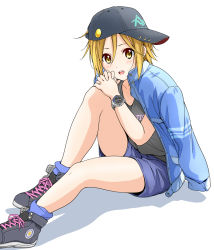 Rule 34 | 1girl, baseball cap, black footwear, black shirt, blue jacket, blue shorts, blush, brown eyes, brown hair, commentary request, dresstrip, hair between eyes, hat, jacket, k-on!, knee up, looking at viewer, open clothes, open jacket, open mouth, shadow, shirt, shoes, short hair, shorts, sitting, sneakers, solo, tainaka ritsu, teeth, thighs, upper teeth only