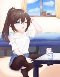 Rule 34 | 1girl, absurdres, arm up, bed, blue eyes, blue shorts, blue sky, blush, breasts, brown hair, brown pantyhose, brown scrunchie, cloud, collarbone, commentary request, controller, crossed legs, cup, curtains, day, frilled shirt, frills, game controller, hair between eyes, hair ornament, hair scrunchie, high ponytail, highres, holding, indoors, mug, on floor, one eye closed, open mouth, original, pantyhose, plant, ponytail, potted plant, roido (taniko-t-1218), scrunchie, shirt, short shorts, short sleeves, shorts, sitting, sky, small breasts, solo, table, white shirt, window
