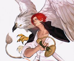 Rule 34 | 1boy, absurdres, beard stubble, black cloak, bright pupils, brown eyes, buttons, cloak, collarbone, creature, facial hair, griffin, hair intakes, highres, holding, holding sword, holding weapon, lion tail, male focus, one piece, red hair, saber (weapon), shanks (one piece), shirt, short hair, signature, simple background, stubble, sword, tail, talons, vamos mk, weapon, white background, white pupils, white shirt, yellow eyes