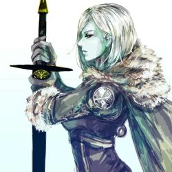 Rule 34 | 1girl, armor, bad id, bad pixiv id, blue skin, colored skin, destiny (game), from side, fur collar, gloves, holding, holding sword, holding weapon, hunter (destiny), nvalkyrja, short hair, simple background, solo, sword, weapon, white background, white hair