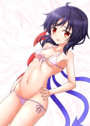 Rule 34 | 1girl, asymmetrical wings, bare arms, bare shoulders, bikini, black hair, blue wings, blush, breasts, collarbone, commentary request, cowboy shot, front-tie bikini top, front-tie top, halterneck, hand on own hip, highres, houjuu nue, looking at viewer, micro bikini, navel, open mouth, pink bikini, red eyes, red wings, short hair, side-tie bikini bottom, small breasts, solo, standing, stomach, swimsuit, teoi (good chaos), thighs, touhou, white background, wings