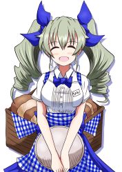 Rule 34 | 1girl, anchovy (girls und panzer), apron, basket, blue apron, blue bow, blue bowtie, blue ribbon, blue skirt, bow, bowtie, bread, brown eyes, character name, checkered apron, checkered clothes, commentary, dress shirt, drill hair, employee uniform, facing viewer, food, girls und panzer, green hair, hair ribbon, high-waist skirt, highres, holding, holding tray, kobeya, kobeya uniform, light blush, long hair, meiya, name tag, open mouth, pleated skirt, red eyes, ribbon, shadow, shirt, short sleeves, skirt, smile, solo, standing, tray, twin drills, twintails, uniform, v arms, waist apron, wing collar
