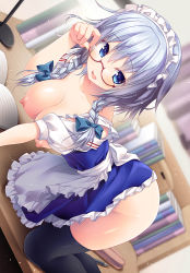 Rule 34 | 1girl, adjusting eyewear, all fours, apron, bespectacled, black thighhighs, blue dress, blue eyes, blurry, book, braid, breasts, breasts out, depth of field, desk, dress, glasses, izayoi sakuya, kino (kino konomi), kino konomi, konomi (kino konomi), large breasts, looking at viewer, maid, maid apron, maid headdress, nipples, no bra, no panties, on desk, open clothes, open dress, open mouth, silver hair, smile, solo, team shanghai alice, thighhighs, touhou, twin braids, waist apron