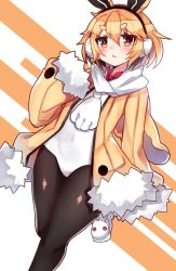 Rule 34 | 1girl, :&lt;, animal ears, animal slippers, black pantyhose, blonde hair, blush, bow, bowtie, bunny slippers, covered navel, earmuffs, eyebrows, fake animal ears, fur-trimmed jacket, fur-trimmed sleeves, fur trim, jacket, leg up, leotard, long sleeves, osiimi, pantyhose, playboy bunny, rabbit, rabbit earmuffs, rabbit ears, rabbit tail, red bow, red bowtie, red eyes, short hair, sleeves past wrists, slippers, solo, tail, thick eyebrows, usalia (disgaea), white leotard, yellow background, yellow jacket