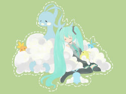 Rule 34 | 1girl, altaria, alternate color, aqua hair, closed eyes, creatures (company), detached sleeves, game freak, gen 3 pokemon, hatsune miku, long hair, momobeko, necktie, nintendo, odd one out, pokemon, pokemon (creature), shiny pokemon, simple background, sitting, skirt, swablu, thighhighs, torchic, twintails, very long hair, vocaloid