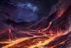 Rule 34 | commentary request, lightning, lava, no humans, official art, original, outdoors, scenery, smoke, steam, volcano, z.dk