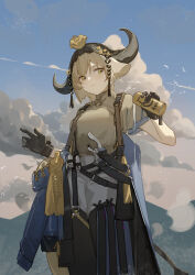 Rule 34 | 1girl, absurdres, animal ears, arknights, black gloves, brown hair, can, clothes around waist, cloud, cow ears, cow girl, cow horns, drink, flower, flower on head, gloves, green eyes, highres, holding, holding drink, holster, holstered, horns, jacket, jacket around waist, knife, light smile, looking to the side, medium hair, mountain, pallas (a drip of orea and potamous) (arknights), pallas (arknights), riknz, shirt, sky, smile, solo, spilling, weapon