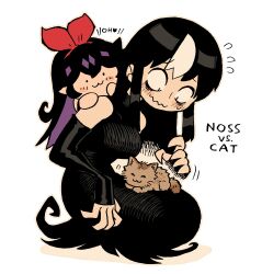 Rule 34 | 2girls, :3, absurdres, animal, animal on lap, bare shoulders, black dress, black hair, breasts, cat, closed eyes, dress, fluffy, hand on another&#039;s shoulder, highres, kitten, kneeling, large breasts, long dress, long hair, multicolored hair, multiple girls, noss &amp; zakuro, noss (rariatto), on lap, rariatto (ganguri), sleeping, streaked hair, wavy mouth, white hair, zakuro (rariatto)