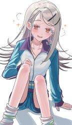 Rule 34 | 1girl, blush, breath, colored eyelashes, earrings, feet out of frame, gakuen idolmaster, green shorts, highres, idolmaster, jacket, jewelry, knees up, light brown hair, long hair, long sleeves, looking at viewer, loose socks, lvetica, orange eyes, partially unzipped, shinosawa hiro, shorts, simple background, sitting, smile, socks, solo, sparkle, stud earrings, sweat, track jacket, white background