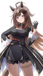 Rule 34 | 1girl, ahoge, animal ears, black dress, black gloves, blue eyes, blush, breasts, brown hair, closed mouth, commentary request, dress, duramente (umamusume), gloves, half gloves, hand on own hip, hand up, highres, horse ears, horse girl, horse tail, large breasts, long sleeves, looking at viewer, multicolored hair, simple background, solo, streaked hair, tail, thigh strap, thighs, umamusume, white background, white hair, yoimoriyoru
