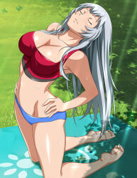 Rule 34 | 1girl, bare arms, bare legs, barefoot, blue buruma, breasts, buruma, chouun shiryuu, cleavage, closed eyes, closed mouth, collarbone, day, feet, grey hair, groin, hands on own hips, ikkitousen, kneeling, large breasts, leaning back, legs, long hair, navel, outdoors, red sports bra, shiny skin, soles, solo, sports bra, straight hair, stretching, sunlight, toes, very long hair