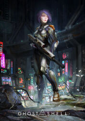 Rule 34 | 1girl, absurdres, assault rifle, blue eyes, bodysuit, boots, breasts, building, bullet hole, commentary, concept art, cyborg, damaged, debris, dirty, english commentary, english text, ghost in the shell, gloves, gun, highres, holding, holding gun, holding weapon, kusanagi motoko, logo, machinery, mechanical parts, medium breasts, neon lights, night, original, police, police uniform, purple hair, realistic, redesign, rifle, ruins, science fiction, scope, suppressor, thedurianart, title, uniform, weapon