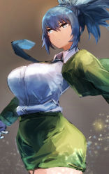 Rule 34 | 1girl, alternate costume, blouse, blue eyes, blue hair, breasts, collared shirt, hatano kiyoshi, highres, jacket, large breasts, leona heidern, metal slug attack, necktie, ponytail, serious, shirt, simple background, skirt, snk, solo, suit jacket, the king of fighters, white shirt