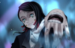 Rule 34 | 1boy, absurdres, blue background, blue eyes, blurry, blurry foreground, buttons, closed mouth, collared shirt, enmu (kimetsu no yaiba), extra mouth, facial mark, hand mouth, highres, horizontal pupils, kimetsu no yaiba, long sleeves, male focus, mismatched pupils, open mouth, oruna030, shirt, teeth, text in eyes, veiny face, white shirt