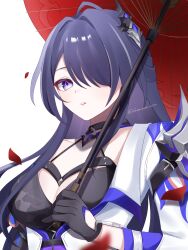 Rule 34 | 1girl, acheron (honkai: star rail), black choker, black gloves, breasts, choker, cleavage, commentary, gloves, hair ornament, hair over one eye, highres, holding, holding umbrella, honkai: star rail, honkai (series), kino (curry pan), large breasts, long hair, looking at viewer, multicolored hair, oil-paper umbrella, purple eyes, purple hair, red umbrella, revision, simple background, solo, streaked hair, umbrella, upper body, very long hair, white background