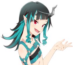 Rule 34 | 1girl, nanashi inc., akitetsu, belt, belt bra, black hair, blue belt, blue hair, chest belt, demon girl, demon horns, fang, flat chest, horns, long hair, looking at viewer, looking to the side, multicolored hair, no jacket, open mouth, pointy ears, red eyes, shishio chris, simple background, smile, solo, sugar lyric, transparent background, two-tone hair, upper body, virtual youtuber