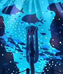 Rule 34 | 1girl, aquarium, bad id, bad twitter id, bare shoulders, commentary, detached sleeves, fence, fish, from side, hair ornament, hatsune miku, light, long hair, looking to the side, miniskirt, minoya, pleated skirt, school of fish, shirt, skirt, sleeveless, sleeveless shirt, solo, standing, thighhighs, twintails, very long hair, vocaloid, zettai ryouiki