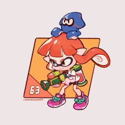Rule 34 | 1girl, animal, animal on head, artist name, black shorts, closed mouth, commentary, english commentary, full body, grey background, holding, holding weapon, ink tank (splatoon), inkling, inkling girl, inkling player character, long hair, lowres, nintendo, on head, onemegawatt, orange hair, pink footwear, pointy ears, shirt, shoelaces, shoes, shorts, simple background, smile, sneakers, solo, splatoon (series), splattershot (splatoon), squid, standing, tentacle hair, weapon, white shirt