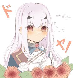 Rule 34 | 1girl, blush, check commentary, commentary, commentary request, melusine (fate), fate/grand order, fate (series), flower, freedumco, frilled shirt collar, frills, highres, leaf, long hair, red eyes, red flower, red rose, rose, shirt, simple background, smile, solo, translation request, white background, white flower, white hair, white rose, white shirt