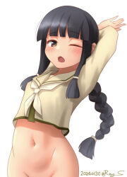 Rule 34 | arms behind head, black hair, blunt bangs, bottomless, braid, brown eyes, dated, groin, kantai collection, kitakami (kancolle), long hair, looking at viewer, navel, neckerchief, no panties, one-hour drawing challenge, one eye closed, ray.s, sailor collar, sailor shirt, school uniform, serafuku, shirt, simple background, stretching, twitter username, white background, white neckerchief, white shirt, yawning