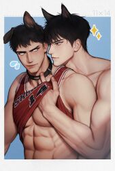Rule 34 | 2boys, abs, animal collar, animal ears, bara, black hair, clothes lift, collar, dog boy, dog ears, highres, jigeumgat-igaja (ni yoll), kemonomimi mode, large pectorals, lifting another&#039;s clothes, looking at another, male focus, mitsui hisashi, multiple boys, muscular, muscular male, navel, pectorals, red tank top, rukawa kaede, short hair, slam dunk (series), tank top, topless male, underpec, upper body, yaoi