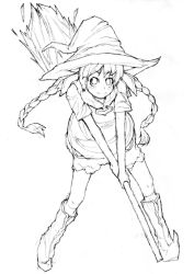 Rule 34 | 1girl, broom, broom riding, greyscale, hat, monochrome, original, shuzoku fumei, simple background, solo, white background, witch hat