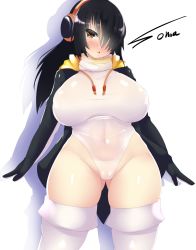 Rule 34 | 10s, 1girl, black hair, blush, breasts, brown eyes, covered navel, curvy, emperor penguin (kemono friends), groin, hair over one eye, headphones, highres, hip focus, hood, hooded jacket, jacket, kemono friends, large breasts, leotard, long hair, looking at viewer, open mouth, puffy nipples, simple background, solo, souma (ordures), thick thighs, thighhighs, thighs, white background, white leotard, white thighhighs, wide hips