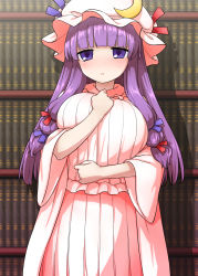 Rule 34 | 1girl, blouse, breasts, crescent, crescent hair ornament, crescent hat ornament, dress, hair ornament, hat, hat ornament, highres, itou yuuji, large breasts, long dress, long hair, mob cap, patchouli knowledge, pink shirt, purple eyes, purple hair, shirt, solo, striped clothes, striped dress, touhou, vertical-striped clothes, vertical-striped dress, very long hair