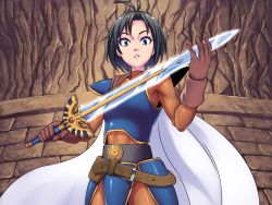 Rule 34 | 1girl, black hair, blue eyes, cape, cosplay, dragon quest, dragon quest i, gloves, hero (dq1), hero (dq1) (cosplay), idolmaster, idolmaster (classic), kikuchi makoto, looking at viewer, oku (okumen), open mouth, parted lips, short hair, solo, sword, weapon