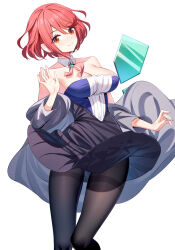 Rule 34 | 1girl, bare shoulders, black pantyhose, black skirt, blush, breasts, cleavage, collarbone, commentary request, detached collar, dress, grey jacket, grin, highres, jacket, large breasts, long sleeves, looking at viewer, off shoulder, pantyhose, pyra (xenoblade), red eyes, red hair, ririko (zhuoyandesailaer), skirt, smile, solo, swept bangs, thighband pantyhose, thighs, white background, xenoblade chronicles (series), xenoblade chronicles 2