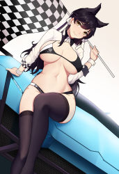 Rule 34 | 1163186334, 1girl, absurdres, alternate costume, animal ears, atago (azur lane), atago (stunning speedster) (azur lane), azur lane, bikini, black bikini, black hair, black thighhighs, breasts, car, checkered flag, cleavage, closed mouth, commentary request, dutch angle, extra ears, flag, hair ribbon, highres, hip focus, large breasts, legs, logo, long hair, looking at viewer, motor vehicle, navel, race queen, ribbon, shrug (clothing), shrugging, simple background, smile, solo, swept bangs, swimsuit, thighhighs, thighs, white background, white ribbon, wrist cuffs, yellow eyes