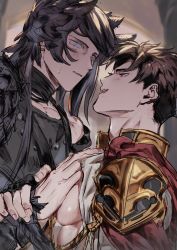 Rule 34 | 2boys, bara, bare pectorals, belial (granblue fantasy), black gloves, black hair, black shirt, blush, fingerless gloves, gloves, granblue fantasy, groping, highres, jacket, large pectorals, looking at another, male focus, multiple boys, muscular, muscular male, open clothes, open jacket, open mouth, pectorals, red eyes, sariel (granblue fantasy), shirt, short hair, soumaa, upper body, white jacket, yaoi
