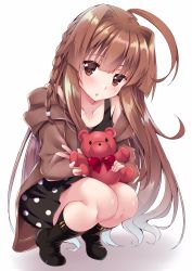 Rule 34 | 1girl, bear, black dress, black footwear, blush, boots, brown eyes, brown hair, brown jacket, dress, female focus, full body, gradient background, hair between eyes, highres, holding, holding toy, jacket, kantai collection, ko yu, kuma (kancolle), long hair, looking at viewer, open mouth, simple background, sitting, solo, squatting, toy, valentine, white background
