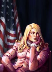 Rule 34 | 1boy, american flag, artist name, blonde hair, curly hair, formal, funny valentine, gloves, highres, jojo no kimyou na bouken, long hair, pink suit, solo, steel ball run, suit, zookhini