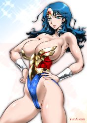 Rule 34 | 1girl, blue hair, breasts, dc comics, highres, large breasts, long hair, solo, wonder woman, yuri ai