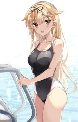 Rule 34 | 1girl, bare arms, bare legs, bare shoulders, black one-piece swimsuit, black ribbon, blonde hair, blush, collarbone, competition swimsuit, cowboy shot, fathom, hair flaps, hair ornament, hair ribbon, hairclip, highres, kantai collection, long hair, one-piece swimsuit, open mouth, red eyes, ribbon, smile, solo, swimsuit, water, yuudachi (kancolle), yuudachi kai ni (kancolle)
