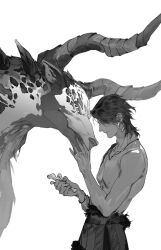 Rule 34 | 1boy, abs, animal, black hair, bone, closed mouth, earrings, greyscale, hair between eyes, highres, holding, holding bone, ibuki satsuki, jewelry, long hair, male focus, monochrome, muscular, muscular male, necklace, original, side ponytail, simple background, smile, solo, upper body, white background