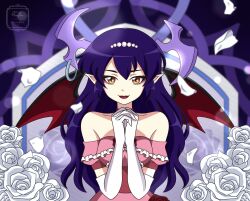 Rule 34 | 1girl, artist name, bare shoulders, bat wings, bow, breasts, closed mouth, demon girl, demon horns, demon wings, dress, earrings, elbow gloves, eyeshadow, falling petals, fantasy, flower, frills, gem, gloves, highres, horns, interlocked fingers, jewelry, lipstick, long hair, looking at viewer, makeup, medium breasts, neck ribbon, off-shoulder dress, off shoulder, original, pearl hair ornament, petals, pink dress, pointy ears, purple background, purple gemstone, purple hair, red flower, red ribbon, red rose, red wings, remyfive, ribbon, rose, short sleeves, signature, smile, solo, solo focus, thick eyebrows, watermark, wavy hair, white flower, white gloves, white headwear, white rose, wings, yellow eyes
