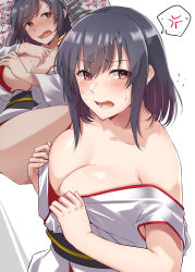 Rule 34 | 1girl, @ @, absurdres, anger vein, black hair, blush, breasts, cleavage, hair between eyes, highres, japanese clothes, kantai collection, kiritto, large breasts, long sleeves, multiple views, nontraditional miko, open mouth, red eyes, short hair, simple background, spoken anger vein, white background, wide sleeves, yamashiro (kancolle)