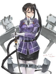 Rule 34 | 10s, 1girl, artist name, belt, black hair, dated, hand on sword, kantai collection, katana, long hair, looking to the side, mecha musume, nachi (kancolle), pantyhose, ponytail, side ponytail, simple background, sketch, solo, sword, toka (marchlizard), turret, very long hair, weapon, white background, white pantyhose