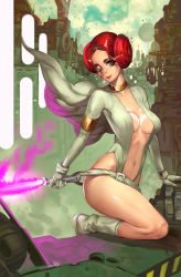 Rule 34 | 1girl, armlet, ass, belt, boots, breasts, cape, center opening, choker, city, cleavage, collarbone, double bun, elsevilla, energy sword, eyepatch, gloves, hair bun, highleg, highres, looking at viewer, navel, no bra, original, red hair, science fiction, smile, solo, stomach, sword, tattoo, weapon, white gloves