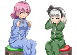Rule 34 | 2girls, ^ ^, ahoge, alternate costume, arms up, balloon, blush, chair, clenched hands, closed eyes, commentary request, covering own ears, closed eyes, hair between eyes, konpaku youmu, multiple girls, no headwear, no headwear, pink hair, saigyouji yuyuko, short hair, silver hair, simple background, sitting, sitting on object, smile, sugiyama ichirou, touhou, track suit, wavy mouth, white background