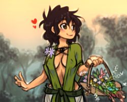 Rule 34 | 1girl, basket, belt, black hair, breasts, brown eyes, cleavage, cowboy shot, crybringer, dusk, covered erect nipples, flower, forest, heart, looking away, looking to the side, messy hair, nature, original, outdoors, smile, solo, twilight